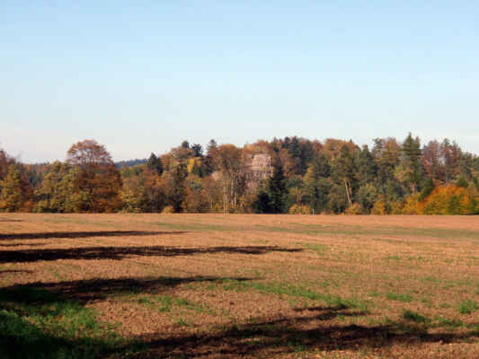 Pohled z osady Bydlo na zříceninu hradu Frymburk v N. Hrádku.